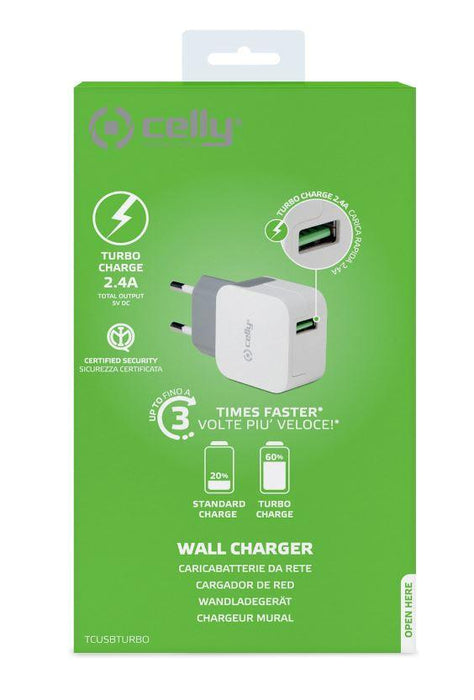 CELLY TRAVEL CHARGER TURBO1 USB 2.4A WHITE