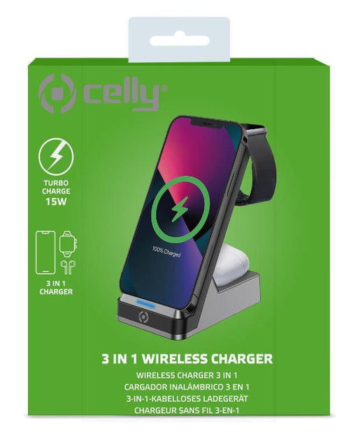 CELLY W.LESS CHARGER STAND 3IN1 BLACK - Grande Marvin